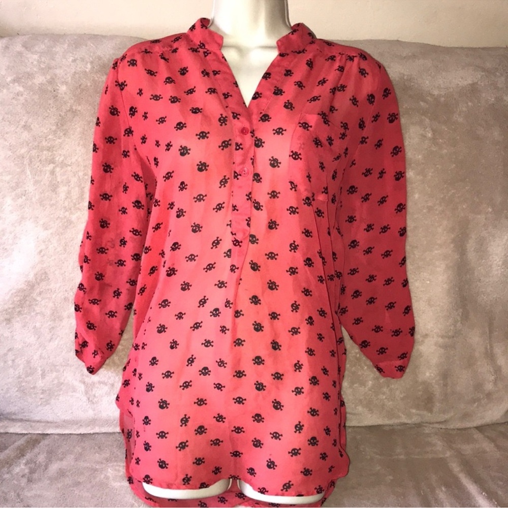Rue 21 reddish orange with skulls sheer 3/4 sleeves top sheer